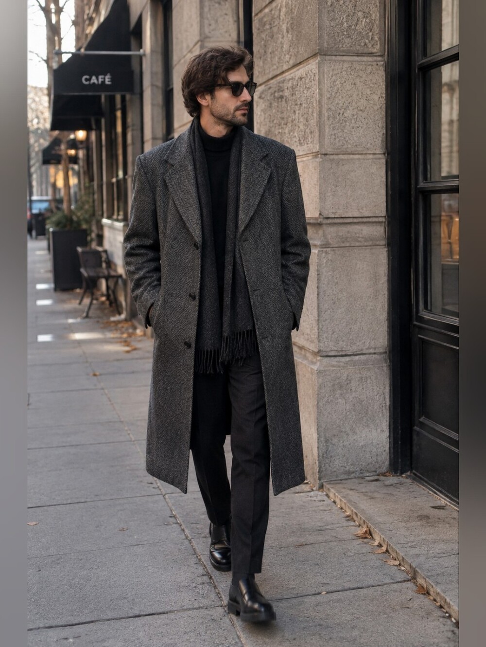 Vintage Shipley 100% Wool Herringbone Long Overcoat Gray